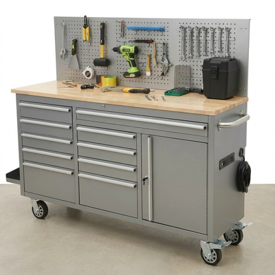 Rolling Tool Chest Built for Heavy Duty Use, 10 Drawers, 1675 lb Capacity, Power Strip, Rubber Wood Top