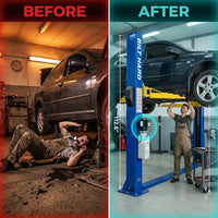 12,000 Lbs Two-Post Car Lift with 220V 4HP Motor & Single-Point Lock – Ideal for Shops, Garages & Heavy-Duty Vehicle Maintenance — Before & After
