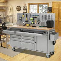 61-Inch Rolling Tool Chest, 10 Drawers Garage Workbench Storage Tool Cabinet with Power Strip, Solid Rubber Wood Top, 1675 LBS Load Mobile Workstation, Heavy Duty Rolling Cabinet