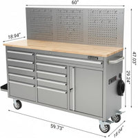61-Inch Rolling Tool Chest, 10 Drawers Garage Workbench Storage Tool Cabinet with Power Strip, Solid Rubber Wood Top, 1675 LBS Load Mobile Workstation, Heavy Duty Rolling Cabinet