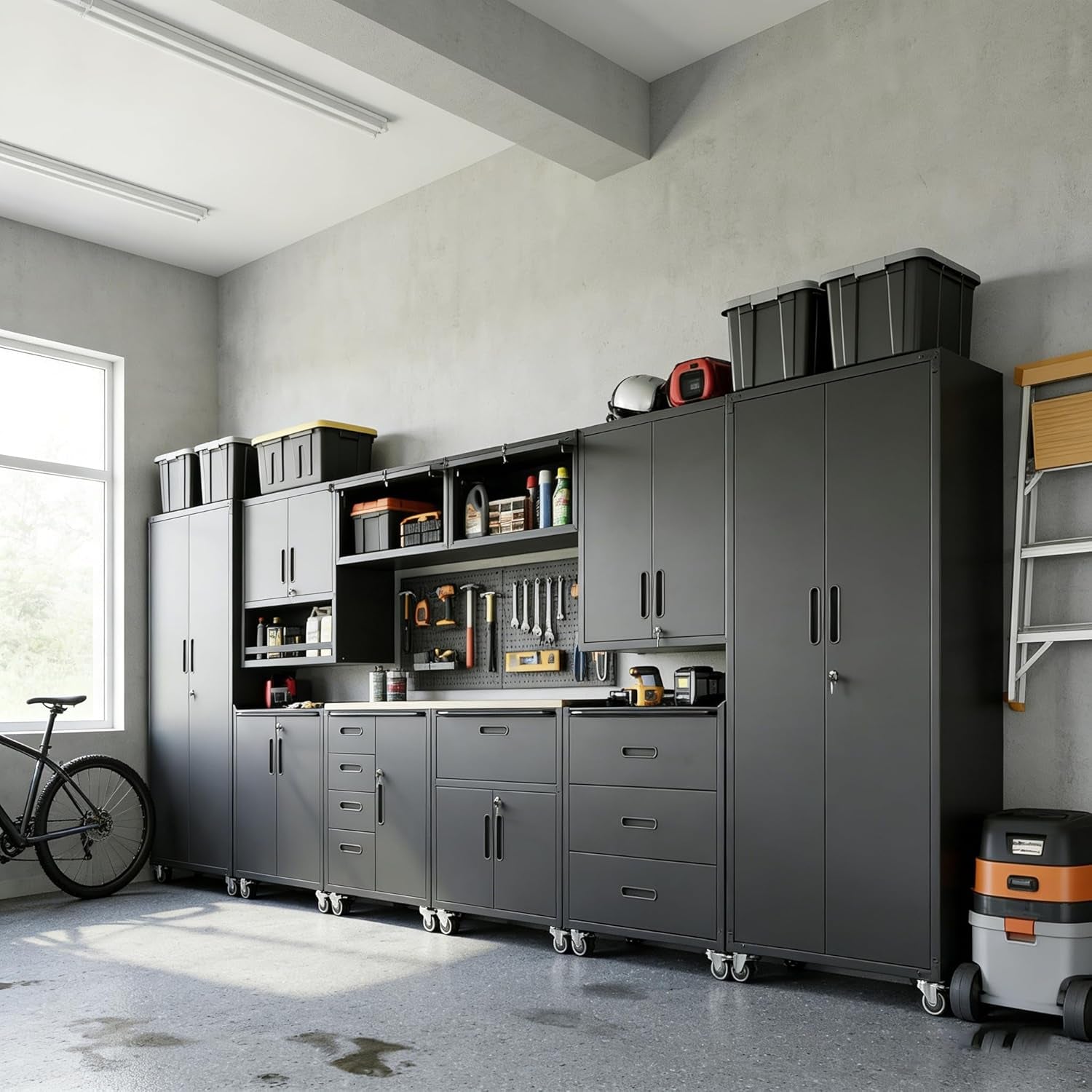 10-Piece Heavy Duty Steel Garage Cabinet System | All-In-One Modular Garage Cabinet Set for Ultimate Workshop Organization | Easy Assembly Garage Storage Cabinets & Tool Bench (Black)