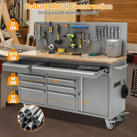 61-Inch Rolling Tool Chest, 10 Drawers Garage Workbench Storage Tool Cabinet with Power Strip, Solid Rubber Wood Top, 1675 LBS Load Mobile Workstation, Heavy Duty Rolling Cabinet