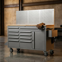 61-Inch Rolling Tool Chest, 10 Drawers Garage Workbench Storage Tool Cabinet with Power Strip, Solid Rubber Wood Top, 1675 LBS Load Mobile Workstation, Heavy Duty Rolling Cabinet — Studio Shot