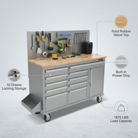 61-Inch Rolling Tool Chest, 10 Drawers Garage Workbench Storage Tool Cabinet with Power Strip, Solid Rubber Wood Top, 1675 LBS Load Mobile Workstation, Heavy Duty Rolling Cabinet — infographic