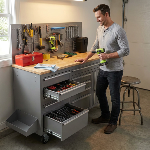 Rolling Tool Chest Built for Heavy Duty Use, 10 Drawers, 1675 lb Capacity, Power Strip, Rubber Wood Top