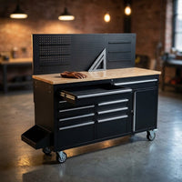 61-Inch Rolling Tool Chest with 10 Drawers & Power Strip, Solid Rubber Wood Top, 1675 LBS Load Heavy Duty Mobile Workstation, Locking System and Drawer Liners for Garage Warehouse Shop, Black — Studio Shot