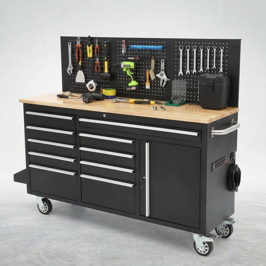 61-Inch Rolling Tool Chest with 10 Drawers & Power Strip, Solid Rubber Wood Top, 1675 LBS Load Heavy Duty Mobile Workstation, Locking System and Drawer Liners for Garage Warehouse Shop, Black — Studio Shot