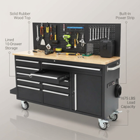 61-Inch Rolling Tool Chest with 10 Drawers & Power Strip, Solid Rubber Wood Top, 1675 LBS Load Heavy Duty Mobile Workstation, Locking System and Drawer Liners for Garage Warehouse Shop, Black — infographic