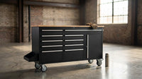 61-Inch Rolling Tool Chest with 10 Drawers & Power Strip, Solid Rubber Wood Top, 1675 LBS Load Heavy Duty Mobile Workstation, Locking System and Drawer Liners for Garage Warehouse Shop, Black — Lifestyle