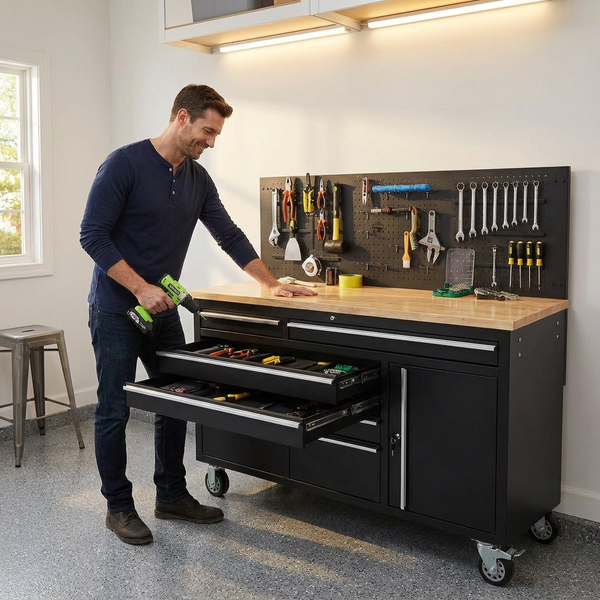 Rolling Tool Chest Built for Heavy Duty Storage, 61-Inch Width, 10 Drawers, Rubber Wood Top, 1675 LB Load