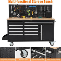 61-Inch Rolling Tool Chest with 10 Drawers & Power Strip, Solid Rubber Wood Top, 1675 LBS Load Heavy Duty Mobile Workstation, Locking System and Drawer Liners for Garage Warehouse Shop, Black