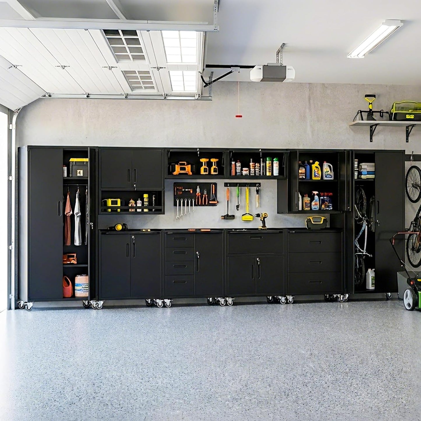 10-Piece Heavy Duty Steel Garage Cabinet System | All-In-One Modular Garage Cabinet Set for Ultimate Workshop Organization | Easy Assembly Garage Storage Cabinets & Tool Bench (Black)
