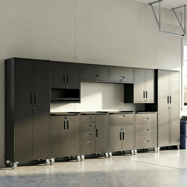All-In-One Modular Garage Cabinet Set for Ultimate Workshop Organization | 10-Piece Heavy Duty Steel | Easy Assembly Garage Storage Cabinets & Tool Bench (Black)