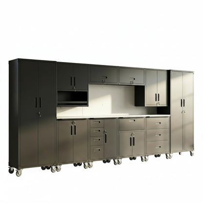 All-In-One Modular Garage Cabinet Set for Ultimate Workshop Organization | 10-Piece Heavy Duty Steel | Easy Assembly Garage Storage Cabinets & Tool Bench (Black)