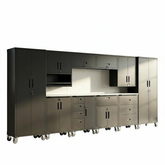 All-In-One Modular Garage Cabinet Set for Ultimate Workshop Organization | 10-Piece Heavy Duty Steel | Easy Assembly Garage Storage Cabinets & Tool Bench (Black)