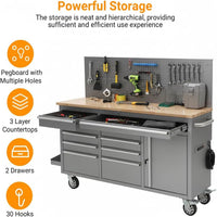 61-Inch Rolling Tool Chest, 10 Drawers Garage Workbench Storage Tool Cabinet with Power Strip, Solid Rubber Wood Top, 1675 LBS Load Mobile Workstation, Heavy Duty Rolling Cabinet