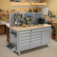 61-Inch Rolling Tool Chest, 10 Drawers Garage Workbench Storage Tool Cabinet with Power Strip, Solid Rubber Wood Top, 1675 LBS Load Mobile Workstation, Heavy Duty Rolling Cabinet