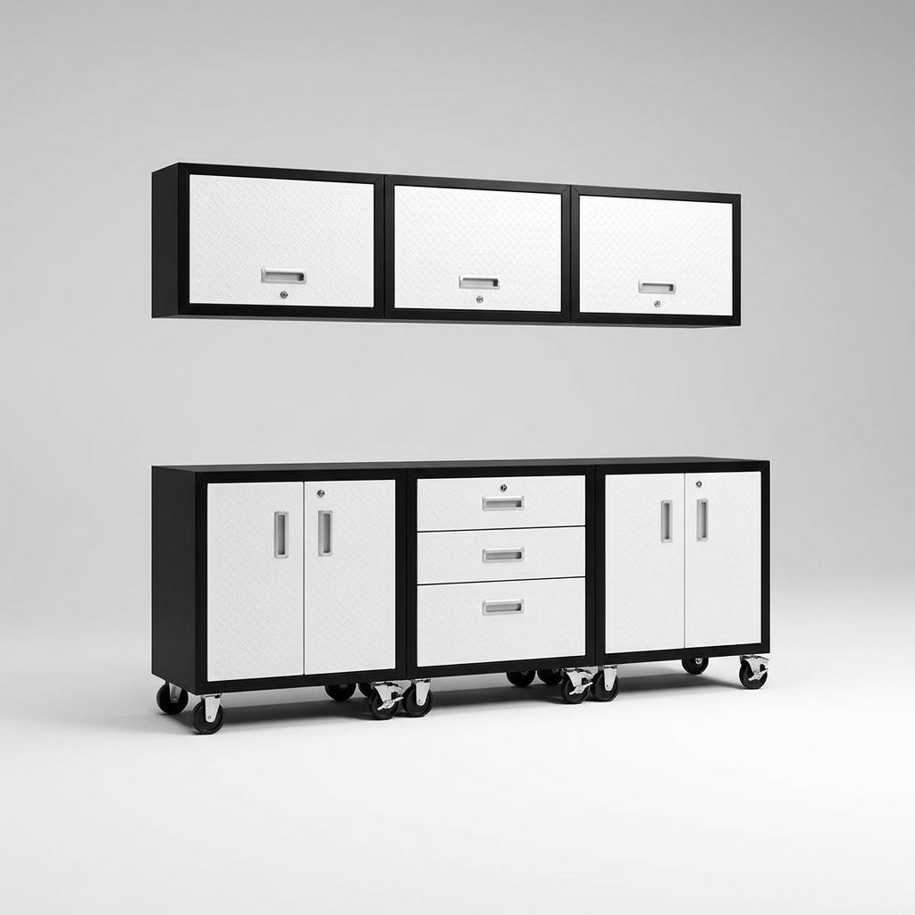 Garage Cabinet System | Heavy Duty Steel All-In-One Modular Garage Cabinet Set for Ultimate Workshop Organization | Easy Assembly Garage Storage Cabinets & Tool Bench — Studio Shot