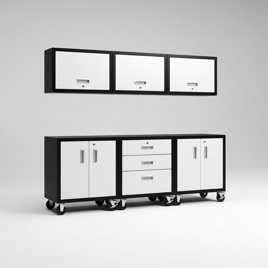 Garage Cabinet System | Heavy Duty Steel All-In-One Modular Garage Cabinet Set for Ultimate Workshop Organization | Easy Assembly Garage Storage Cabinets & Tool Bench — Studio Shot