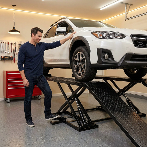 Car Lift Ramps Designed for Home Garage Use, 3,000 Lb Capacity, Hydraulic Foot Pedal, Steel Construction
