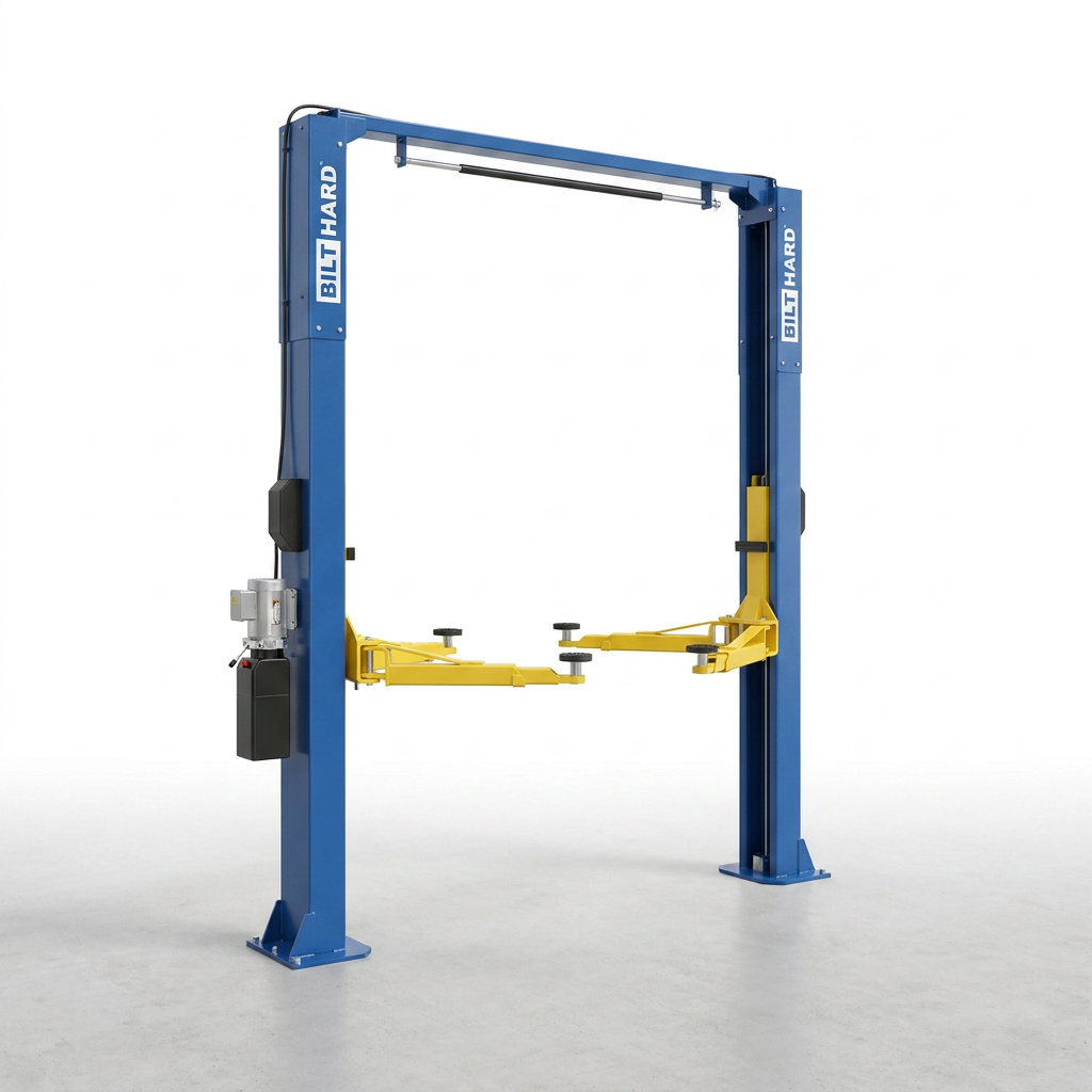 Two-Post Car Lift Engineered for Heavy-Duty Use, 12000 lb Capacity, 220V 4HP Motor, Single-Point Lock — Studio Shot