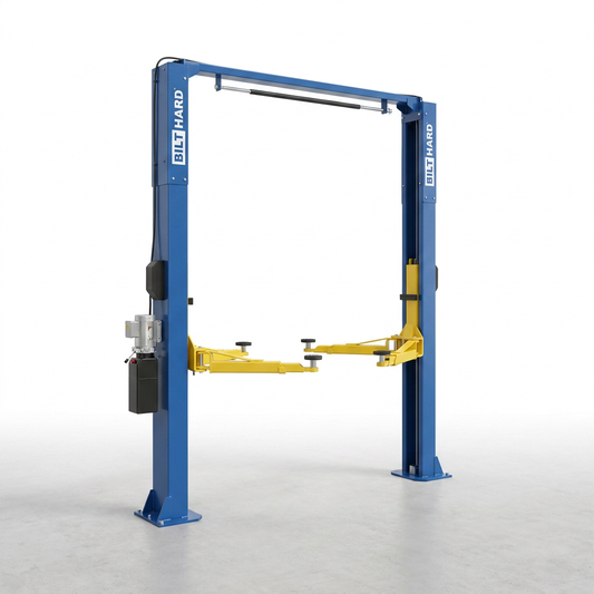 Two-Post Car Lift Engineered for Heavy-Duty Use, 12000 lb Capacity, 220V 4HP Motor, Single-Point Lock — Studio Shot
