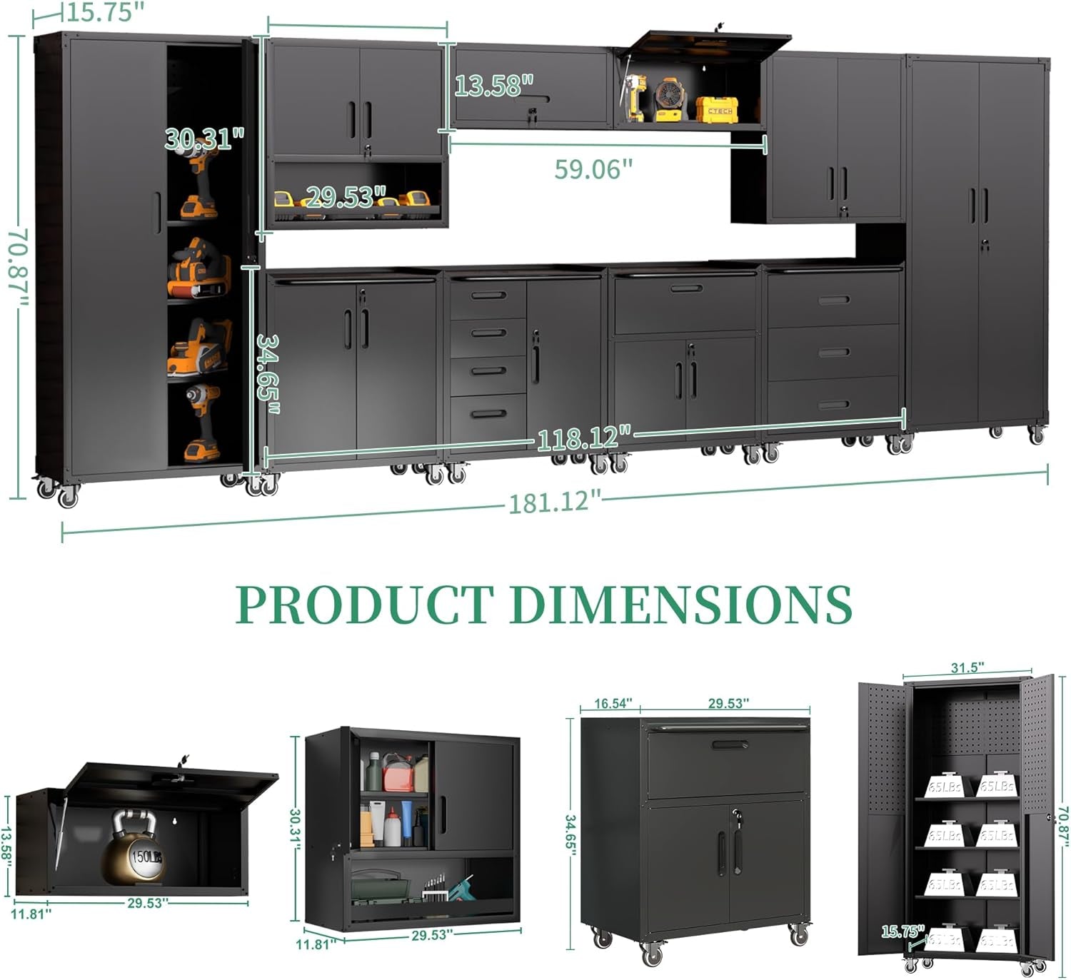10-Piece Heavy Duty Steel Garage Cabinet System | All-In-One Modular Garage Cabinet Set for Ultimate Workshop Organization | Easy Assembly Garage Storage Cabinets & Tool Bench (Black)