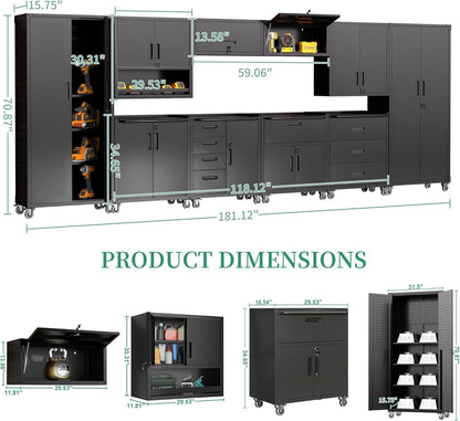 10-Piece Heavy Duty Steel Garage Cabinet System | All-In-One Modular Garage Cabinet Set for Ultimate Workshop Organization | Easy Assembly Garage Storage Cabinets & Tool Bench (Black)