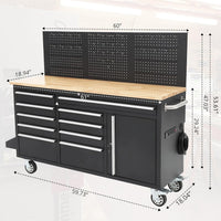 61-Inch Rolling Tool Chest with 10 Drawers & Power Strip, Solid Rubber Wood Top, 1675 LBS Load Heavy Duty Mobile Workstation, Locking System and Drawer Liners for Garage Warehouse Shop, Black